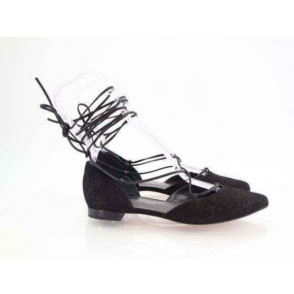 Stuart Weitzman Gilligan Ballet Flats Lace Up Pointed Toe Black Size 6 M Leather - Picture 3 of 12
